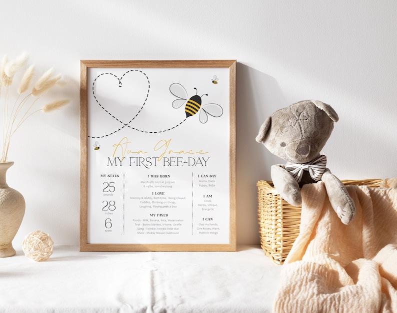 May include: A printable poster with a bee and heart design. The poster is titled "My First Bee-Day" and includes details like the baby's birth stats, favorite things, and abilities. The poster is framed in a light wood frame.