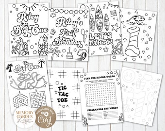The Big ONE First Birthday Coloring Games Pages I Surfing Wave Summer I Retro Beach Party Placement Activity I Instant Download 016 CP