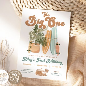 The Big ONE Editable First Birthday invitation I Surfing Wave Birthday Digital Invite I Retro Beach Summer Party I Instant Download 016 I