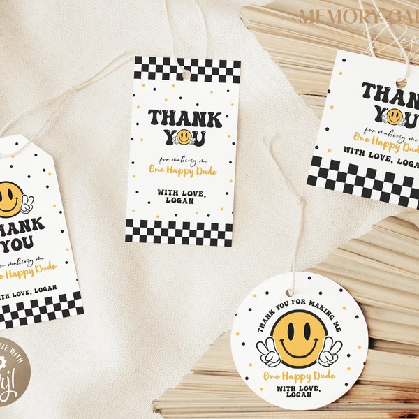 EDITABLE One Happy Dude Boy First Birthday favor tags template I Smiley Face Emoji thank you tag I Smiley Gift tag I Instant Download 008 Tg