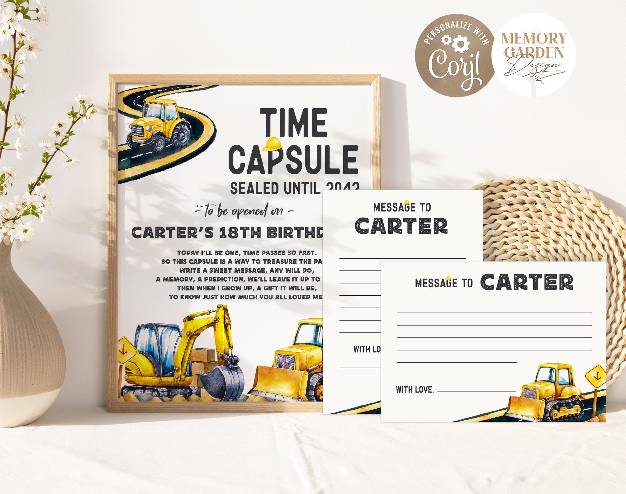 EDITABLE Construction Vehicles Birthday Time Capsule & Note Card I Dump ...