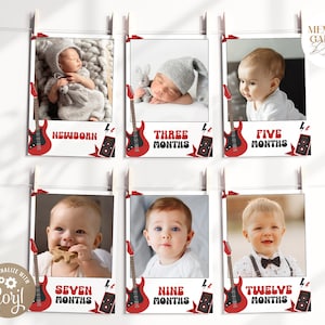 May include: A set of 6 printable photo cards with a rock and roll theme. Each card features a red electric guitar, a speaker, and lightning bolt graphics. The cards are designed to hold photos of a baby at different ages, with text indicating the age in months: Newborn, Three Months, Five Months, Seven Months, Nine Months, and Twelve Months.