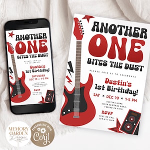 May include: A red and black electric guitar with a white background. The text "Another One Bites The Dust" is in a retro font. The text "Dustin's 1st Birthday!" is in a smaller font below the main text. The invitation is for a party on Saturday, December 19th from 1-5 PM.