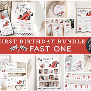 EDITÁVEL Rápido Um Menino Primeira Festa de Aniversário PACOTE I Modelo DIY de carro de corrida vermelho vintage I Conjunto de decorações de carro de corrida I Download instantâneo 043 B