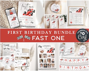 EDITABLE Fast One Boy First Birthday Party BUNDLE I Vintage Red Race car DIY template I Racing car Decorations set I Instant Download 043 B