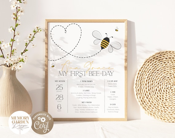 EDITABLE Honey Bee First Birthday Minimalistic Poster I Printable Modern bee-day milestone smash cake party I Digital file 012-5