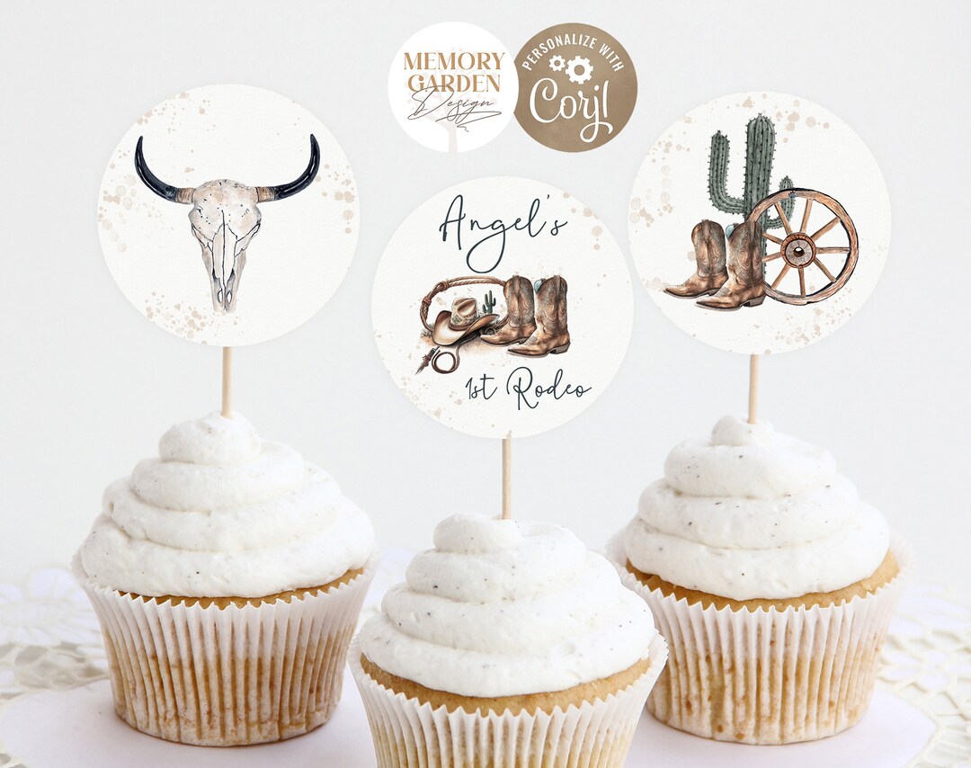 1st Rodeo Cupcake Toppers I First Birthday Cowboy Cowgirl Cake Topper I ...