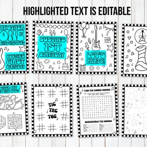 May include: A set of printable coloring pages for a first birthday party with a rock and roll theme. The pages feature a guitar, a birthday cake, a music note, a star, a birthday hat, a maze, a tic-tac-toe board, a word search, and a coloring page with a birthday cake and balloons. The text on the pages says "Another One Bites the Dust", "Dustin's 1st Birthday", "Let's Party!" and "Find the Hidden Words".