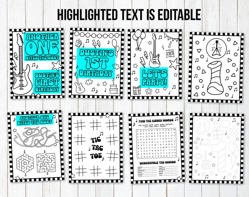 May include: A set of printable coloring pages for a first birthday party with a rock and roll theme. The pages feature a guitar, a birthday cake, a music note, a star, a birthday hat, a maze, a tic-tac-toe board, a word search, and a coloring page with a birthday cake and balloons. The text on the pages says "Another One Bites the Dust", "Dustin's 1st Birthday", "Let's Party!" and "Find the Hidden Words".