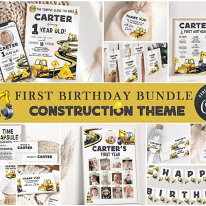 EDITABLE Construction Vehicles First Birthday Party BUNDLE I Dump Truck Excavator Digger Cars I Boy Building Decor I Instant Download 059 B