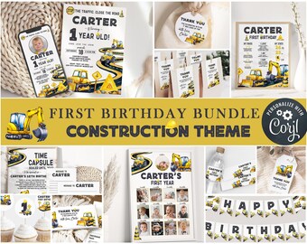 EDITABLE Construction Vehicles First Birthday Party BUNDLE I Dump Truck Excavator Digger Cars I Boy Building Decor I Instant Download 059 B