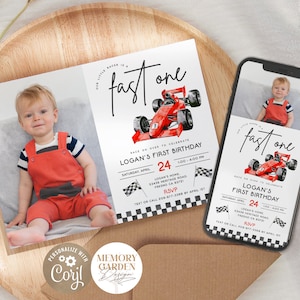 EDITIERBAR SCHNELL Ein Junge erste Geburtstagseinladung mit Foto I Vintage rotes Rennauto Evite I Aquarell Rennauto I Instant Download 043 Ip