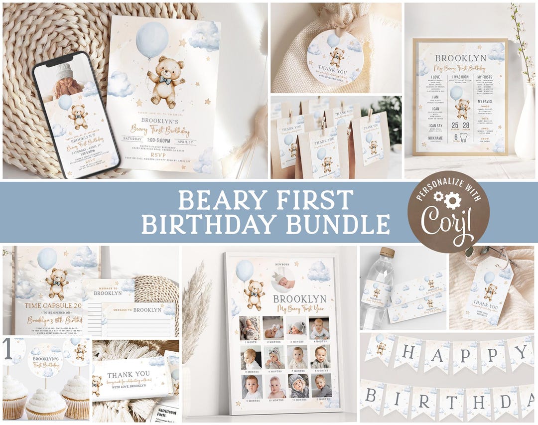 Beary First Birthday Party BUNDLE I Cute Little Teddy Bear I 1st ...