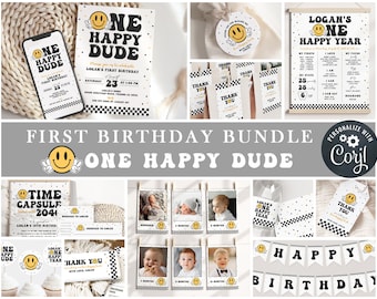 EDITABLE One Happy Dude Boy First Birthday Party BUNDLE I Smiley Face First Birthday templates I Emoji 1st Birthday I Instant Download 008 B