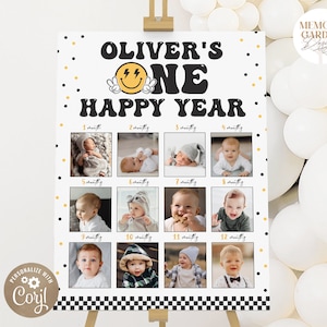 Tablero de fotos editable para el primer cumpleaños de un chico feliz I Collage de fotos I Letrero fotográfico con ojos de rayo para el primer año I Descarga instantánea 018 PP