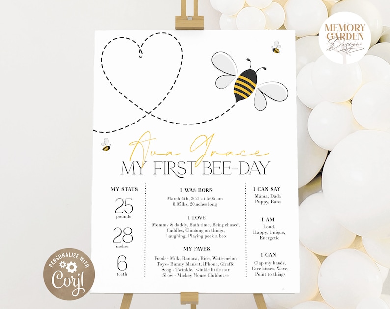 May include: A white and black illustrated poster with a yellow bee and a heart shape. The poster is titled "My First Bee-Day" and includes the name "Ava Grace". The poster also includes information about the baby's birth date, weight, height, and other milestones.