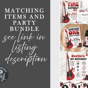 May include: A digital printable party bundle with a rock and roll theme. The bundle includes a time capsule, a birthday invitation, a birthday milestone chart, and a phone background. The design features a red electric guitar with black accents and a white star.