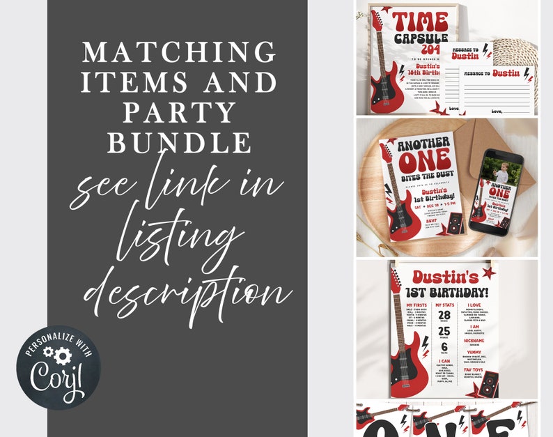 May include: A digital printable party bundle with a rock and roll theme. The bundle includes a time capsule, a birthday invitation, a birthday milestone chart, and a phone background. The design features a red electric guitar with black accents and a white star.