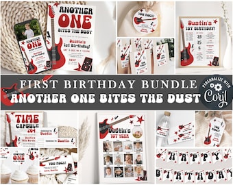 May include: A printable first birthday party bundle with a rock and roll theme. The bundle includes a variety of items, such as invitations, banners, cupcake toppers, and a time capsule. The design features a red electric guitar with a black and white pattern, and the text "Another One Bites the Dust".