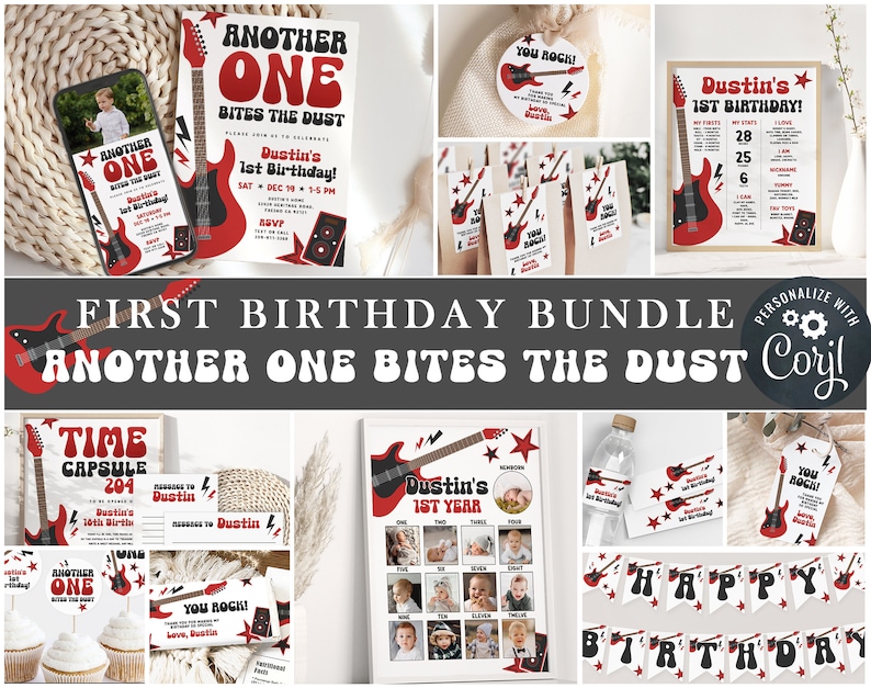 May include: A printable first birthday party bundle with a rock and roll theme. The bundle includes a variety of items, such as invitations, banners, cupcake toppers, and a time capsule. The design features a red electric guitar with a black and white pattern, and the text "Another One Bites the Dust".