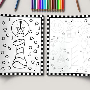 May include: Black and white coloring page featuring a number one with musical notes, a guitar, and a birthday cake. The number one is shaped like a party hat.