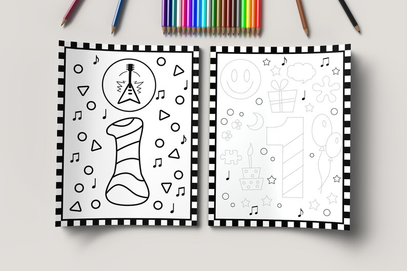 May include: Black and white coloring page featuring a number one with musical notes, a guitar, and a birthday cake. The number one is shaped like a party hat.