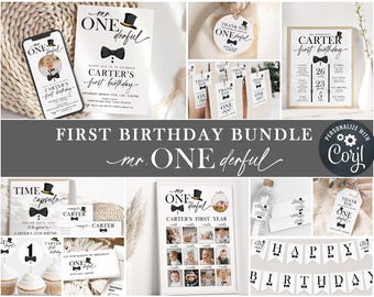 Little Mr OneDerful First Birthday Boy Party BUNDLE I Editable Little gentleman templates I Simple Minimalist Style I Instant Download 065 B