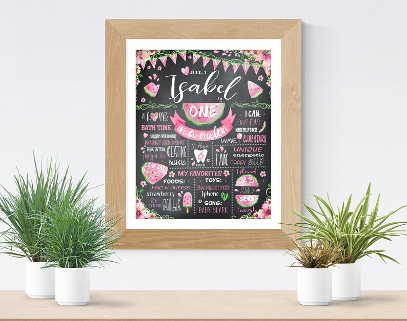 Personalized Digital file 068black One in a melon First Birthday Chalkboard Poster Printable milestone banner for girl or boy party