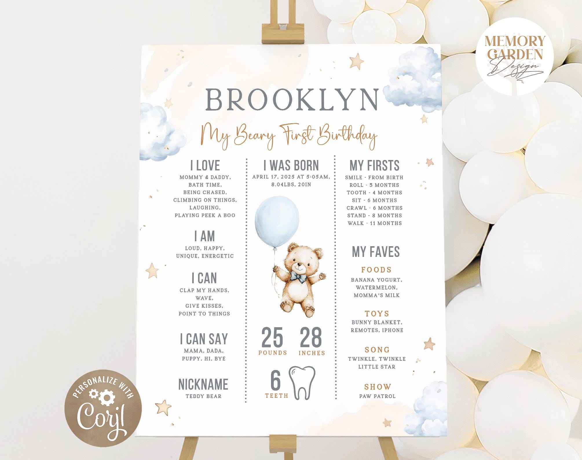 Beary First Birthday Milestone Poster I Cute Little Teddy Bear I Beary ...