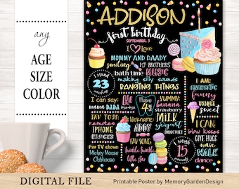 Sweets Cakes First Birthday Chalkboard Poster Printable milestone banner for boy or girl party. Personalized Digital file (037)