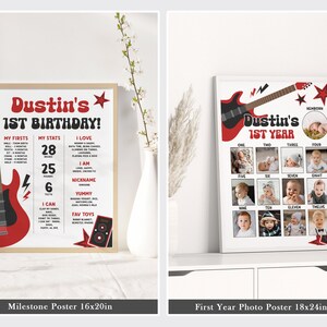 May include: Two printable posters for a first birthday. The first poster is a milestone poster with a red electric guitar and the text "Dustin's 1st Birthday!" The second poster is a photo collage with a red electric guitar and the text "Dustin's 1st Year".