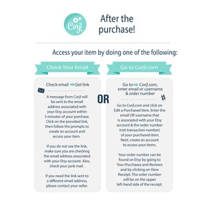 May include: A teal and white graphic with instructions on how to access your digital purchase after buying from Corjl.com. The graphic includes the text "Check Your Email" and "Go to Corjl.com".