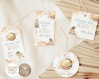 First trip around the Sun Birthday favor tags template I Astronaut Outer Space Galaxy 1st Birthday gift thank you I Instant Download 100 Tg