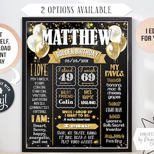 EDITABLE Golden Birthday Chalkboard Poster. Gold balloons Printable milestone sign. Personalized Digital file (204)