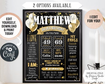 EDITABLE Golden Birthday Chalkboard Poster. Gold balloons Printable milestone sign. Personalized Digital file (204)
