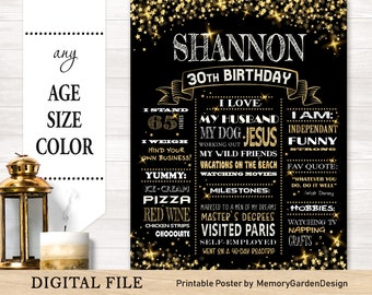 Glitter golden stars Adult 30th 40th 50th Birthday Chalkboard Poster. Milestone banner for party smash cake. Personalized Digital file (076)