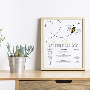 May include: A yellow and black bee with a heart-shaped trail behind it. The text "Anna Grace My First Bee-Day" is written in gold lettering. The poster also includes information about the baby's stats, such as weight, length, and what they can do.