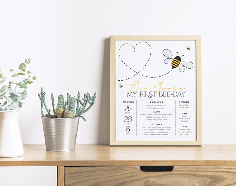 May include: A yellow and black bee with a heart-shaped trail behind it. The text "Anna Grace My First Bee-Day" is written in gold lettering. The poster also includes information about the baby's stats, such as weight, length, and what they can do.
