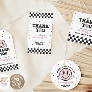 EDITABLE One Happy Girl First Birthday favor tags template I Pink Smiley Face Emoji thank you tag I Smiley Gift I Instant Download 049 Tg