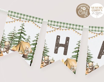 Editable ONE Happy Camper First Birthday High Chair Banner I Outdoor Camping Adventure Awaits Bunting Garland Flags INSTANT DOWNLOAD 223 Fb