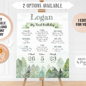 EDITABLE Adventure Forest Primo compleanno Lavagna Poster Banner stampabile per la festa di un ragazzo o una ragazza. File digitali personalizzati (107)