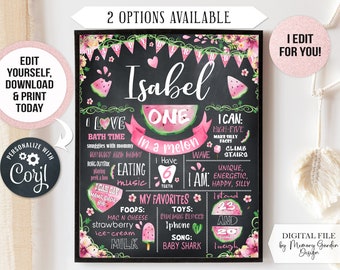 EDITABLE One in a melon First Birthday Chalkboard Poster Printable milestone banner for girl outdoor party. Personalized Digital file (201b)