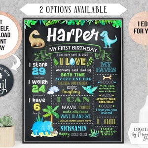 EDITABLE Dinosaur First Birthday Chalkboard Poster. Printable milestone banner for smash cake boy girl party. Personalized Digital file 158b image 1