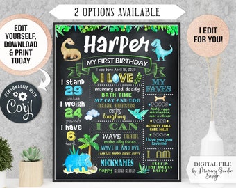 EDITABLE Dinosaur First Birthday Chalkboard Poster. Printable milestone banner for smash cake boy girl party. Personalized Digital file 158b