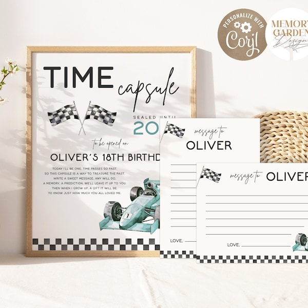 EDITABLE Fast One Boy First Birthday Time Capsule & note card I Vintage Race car DIY template I Racing car Sign I Instant Download 042 TC