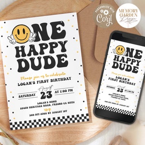 EDITABLE One Happy Dude Boy First Birthday Invitation I Smiley Face First Birthday Evite I Smiley Face 1st Invite I Instant Download 008 I