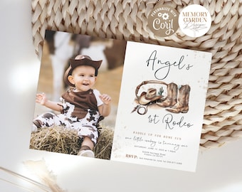 May include: A birthday invitation for a child's first rodeo. The invitation features a watercolor illustration of a cowboy hat, boots, and a lasso. The text on the invitation reads "Angel's 1st Rodeo" and includes details about the event, including the date, time, and location. The invitation also includes a photo of a young child dressed as a cowboy.