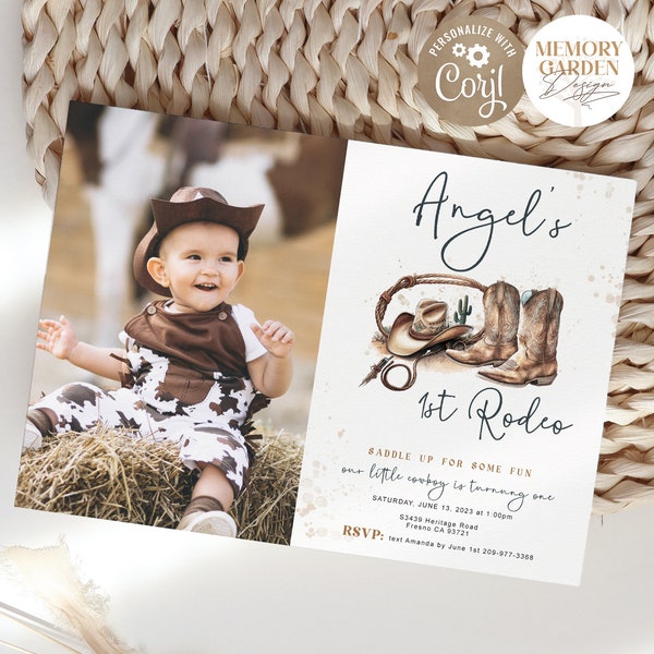 1st Rodeo invitation with photo I First Birthday Cowboy Cowgirl party template I Digital Wild West Western Invite I Instant Download 218 Ip