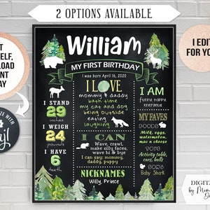 EDITIERBARE Waldtiere erster Geburtstag Chalkboard Poster. Meilenstein Banner zum Ausdrucken für die Smash Cake Party. Personalisierte Digitale Datei (164)
