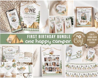 Editable ONE Happy Camper First Birthday Party Bundle I 1st Bday Outdoor Camping Theme I Adventure Awaits Birthday I INSTANT DOWNLOAD 223 B